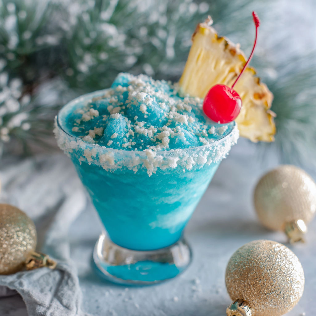A blue drink with a pineapple wedge and cherry on top.