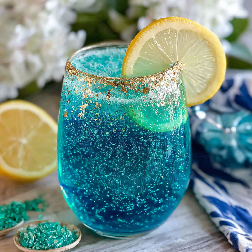 A blue drink with a lemon wedge in it.