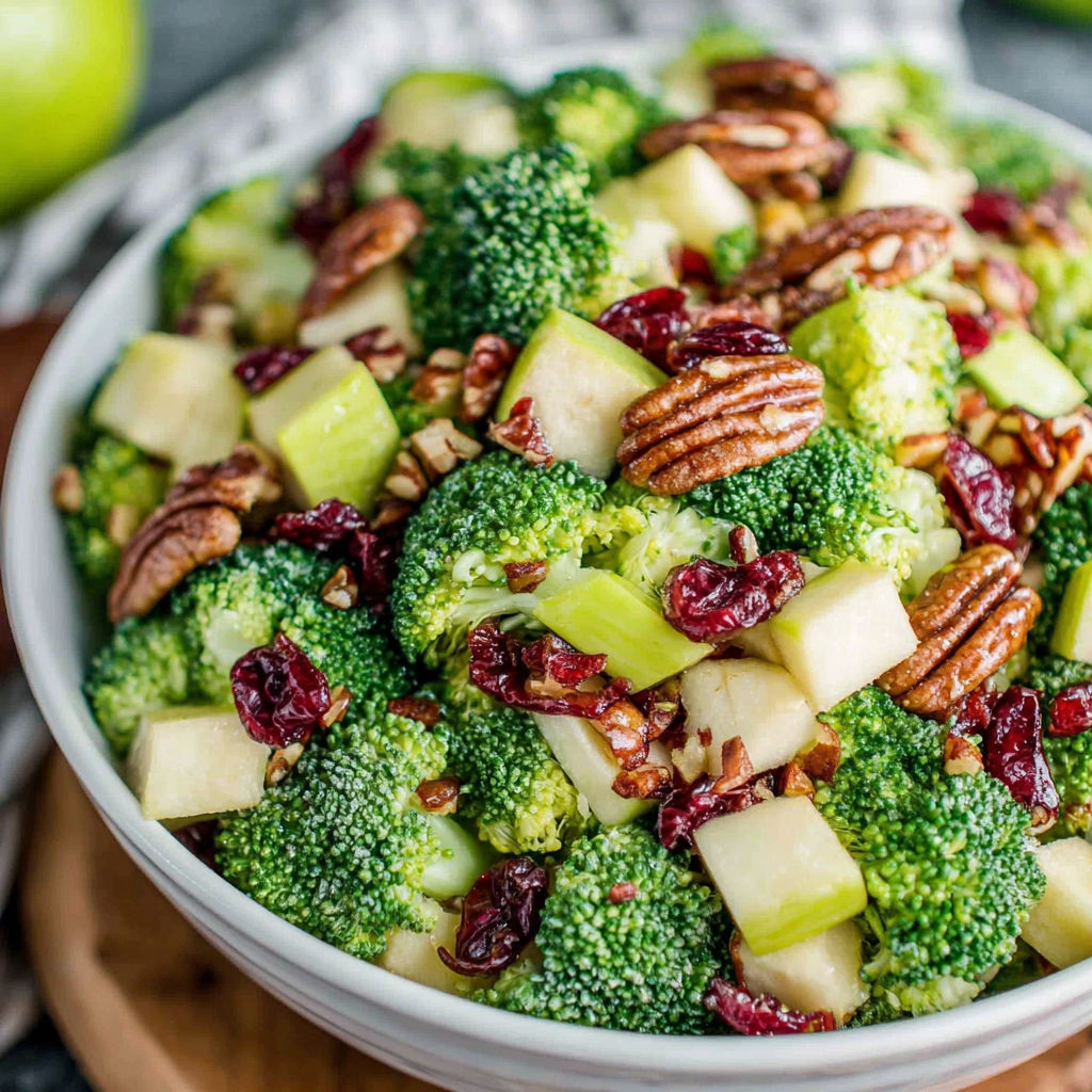A bowl of broccoli with red apples and walnuts.