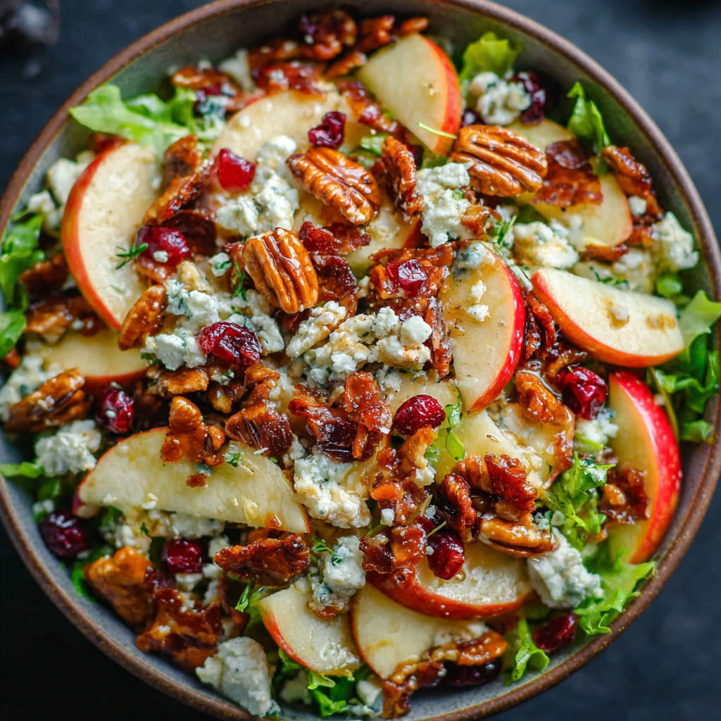 A bowl of salad with apples, nuts, and blue cheese.