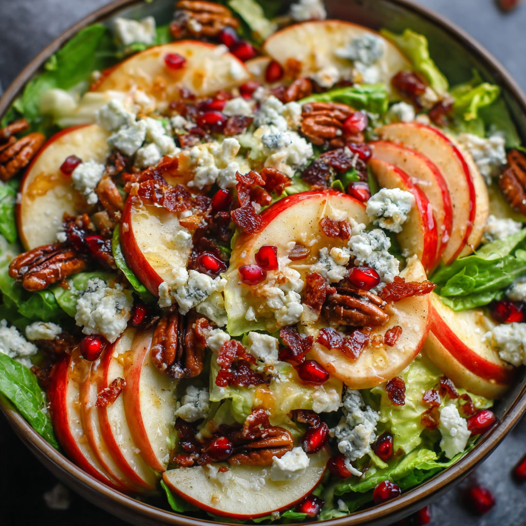 A bowl of salad with apples and bacon.