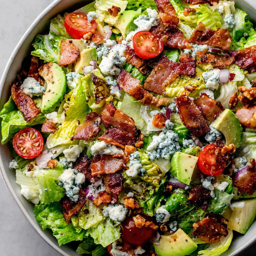 A salad with bacon, lettuce, tomatoes, and blue cheese.