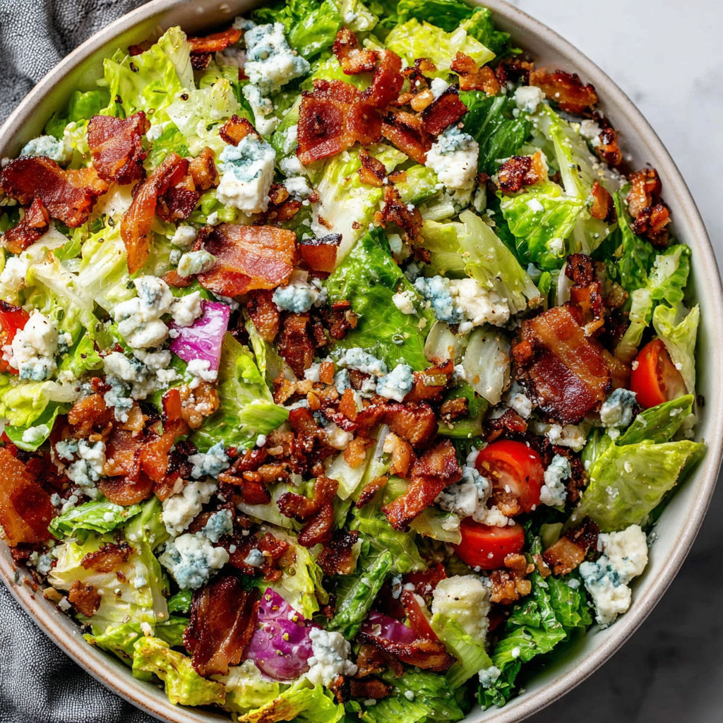 A bowl of salad with bacon, lettuce, and blue cheese.