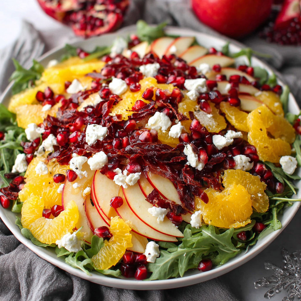 A plate of fruit with apples, oranges, and pomegranates.