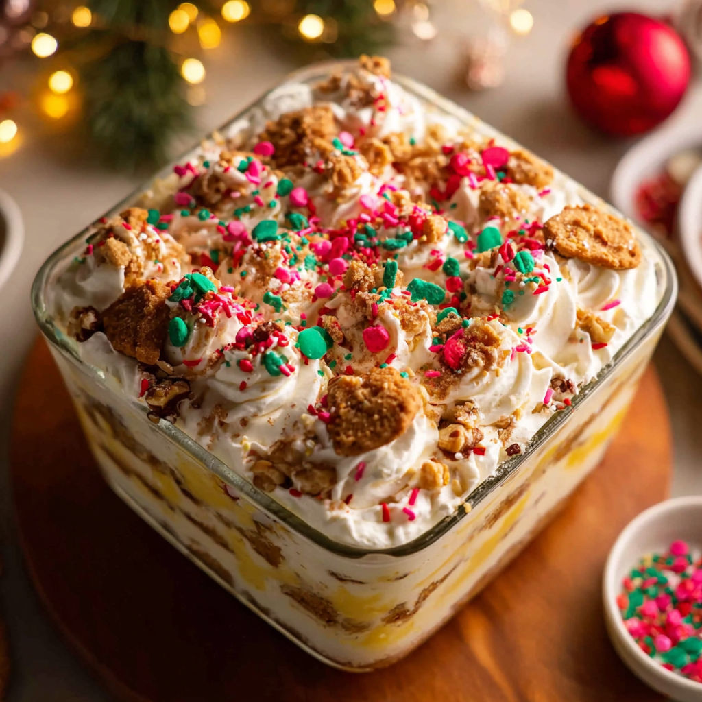 A glass dish filled with a dessert.