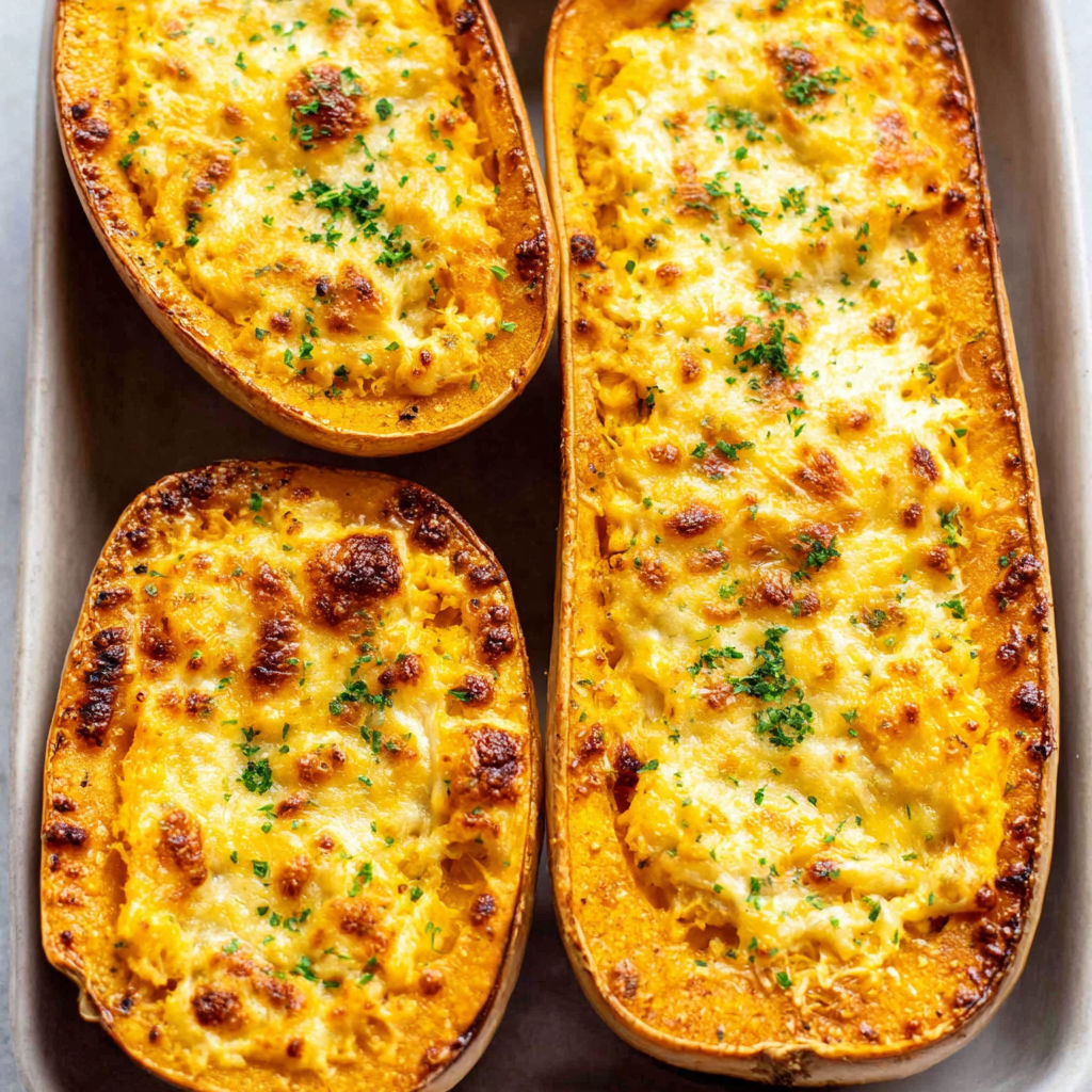 Two baked potatoes with cheese and herbs.
