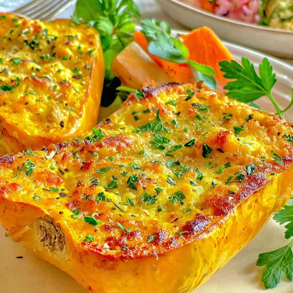 A dish with a slice of pumpkin and a slice of cheese.