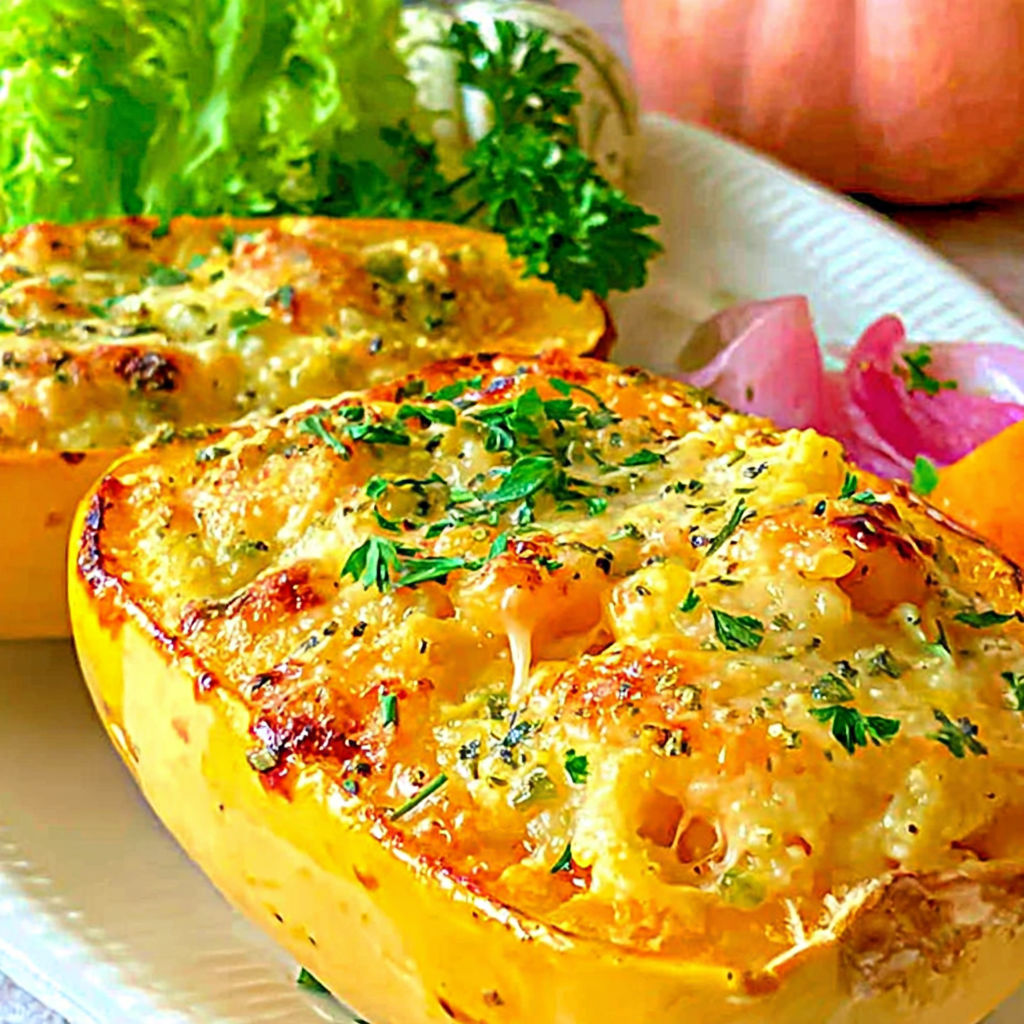 A plate of food with a pumpkin and a casserole dish.