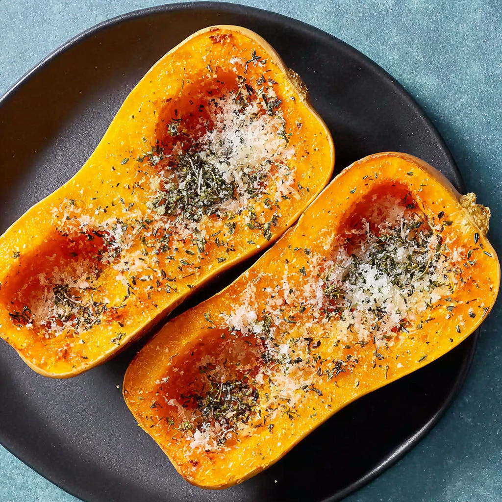 Two slices of roasted butternut squash with cheese and herbs.