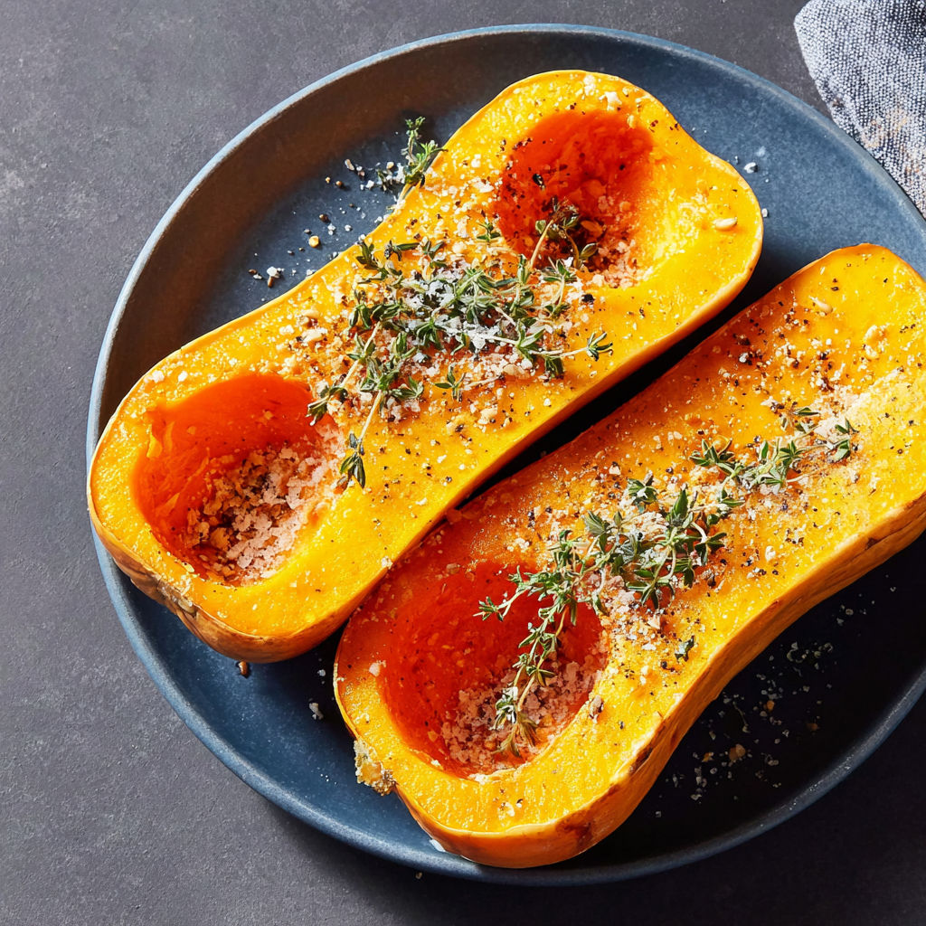 Two slices of roasted butternut squash with seasoning.