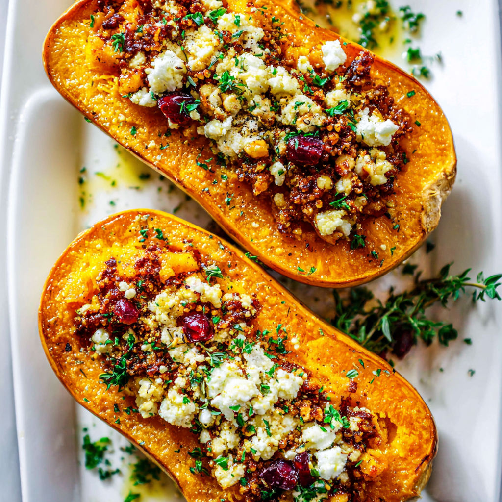 Two slices of roasted squash with feta cheese and cranberries.