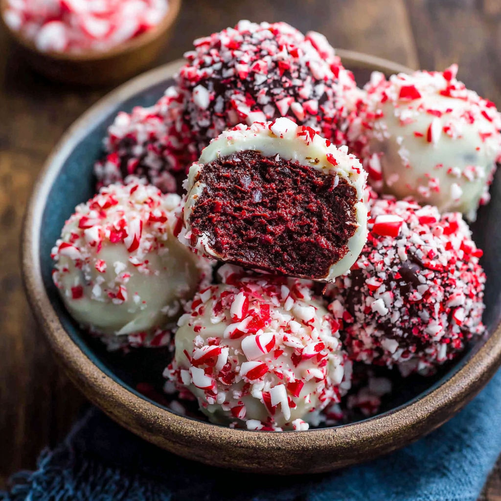 A bowl of red velvet cake balls with white icing.