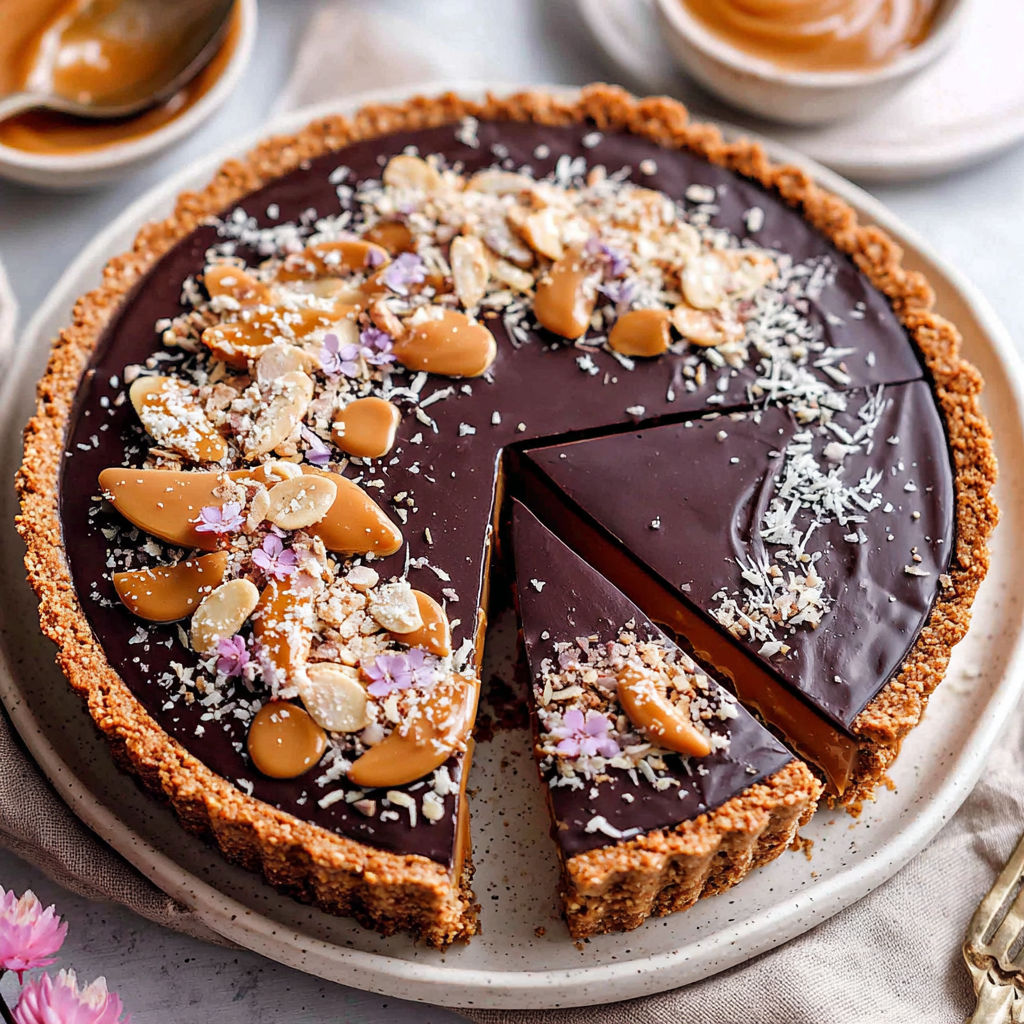 A slice of chocolate cake with almonds and nuts on top.