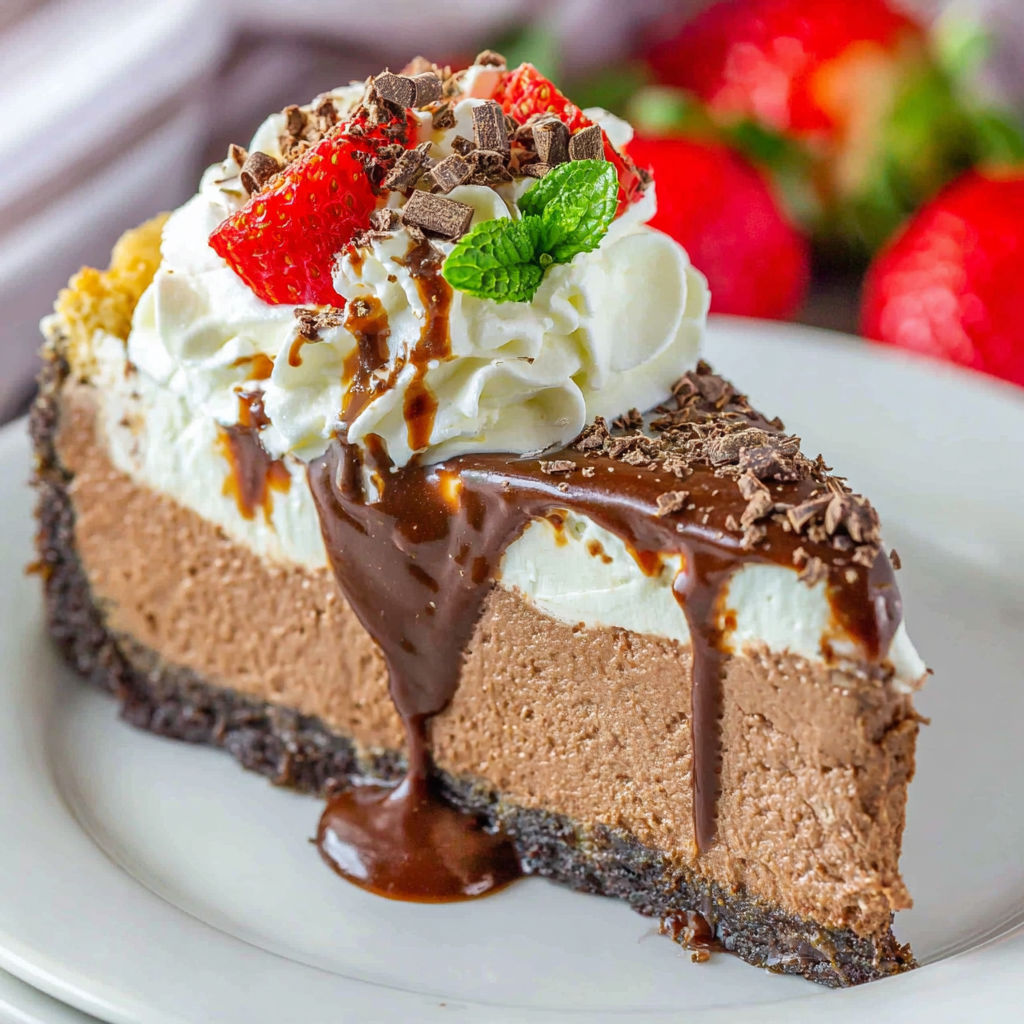 A slice of chocolate cake with whipped cream and strawberries on top.