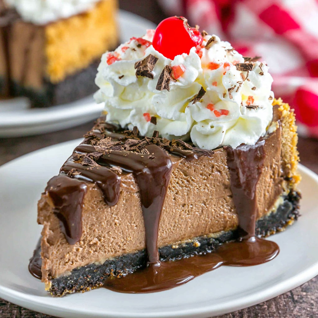 A slice of chocolate cake with white whipped cream and a cherry on top.