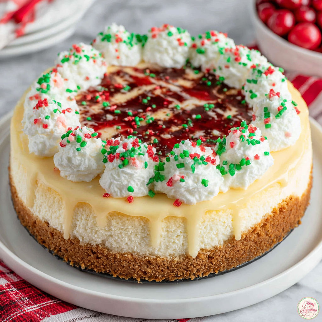 A cake with white frosting and red berries.