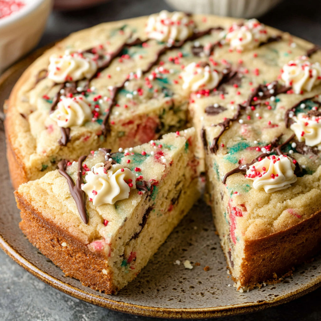 A slice of a cookie with white icing and red sprinkles.