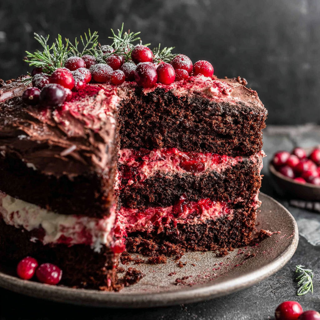 A slice of chocolate cake with berries on top.
