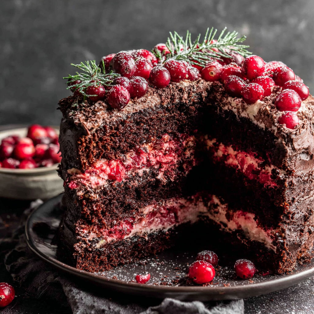 A slice of chocolate cake with red berries on top.