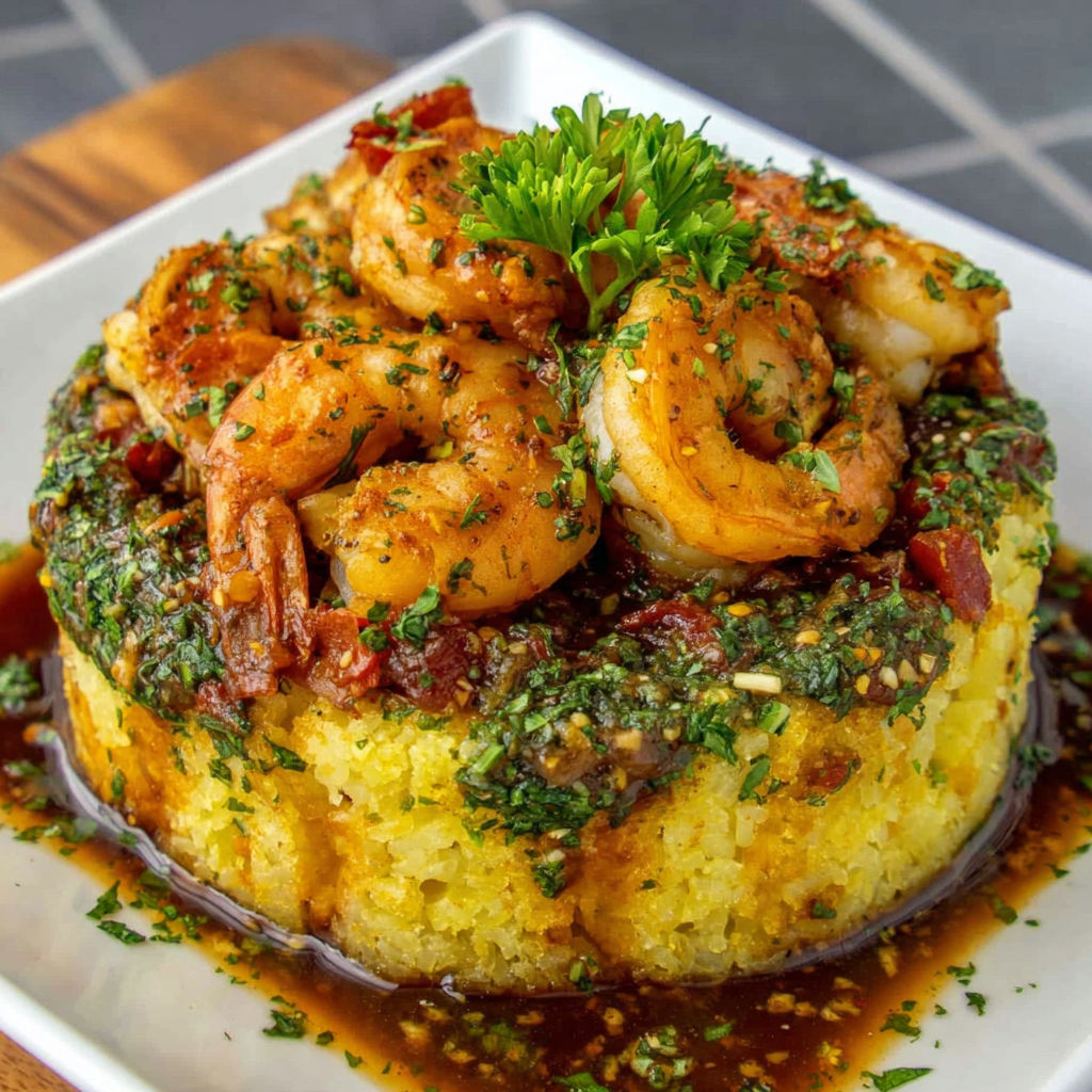 A plate of food with shrimp and vegetables.