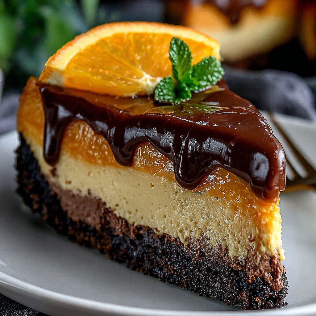 A slice of cheesecake with chocolate sauce and a mint leaf on top.