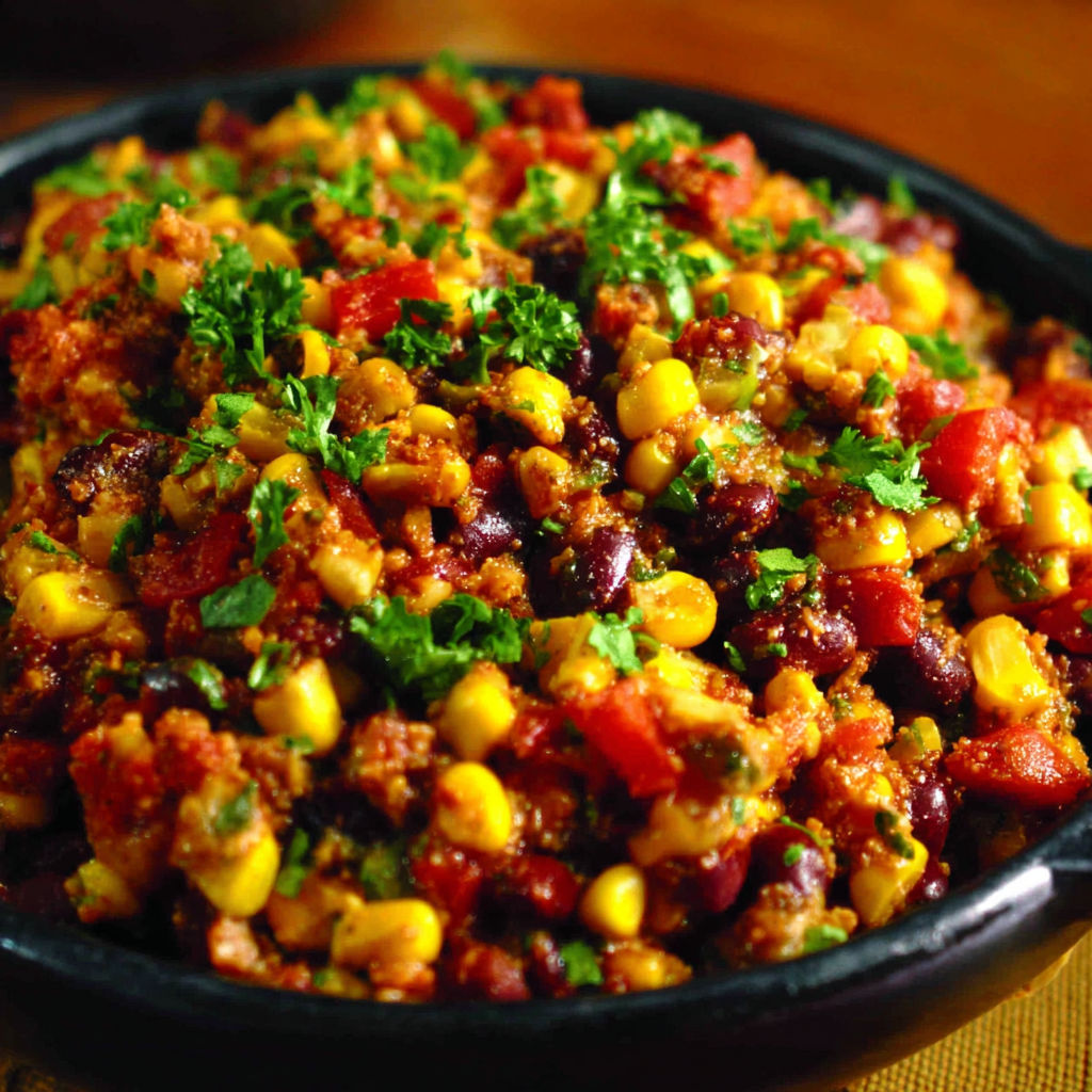 A bowl of food with tomatoes, corn, and beans.