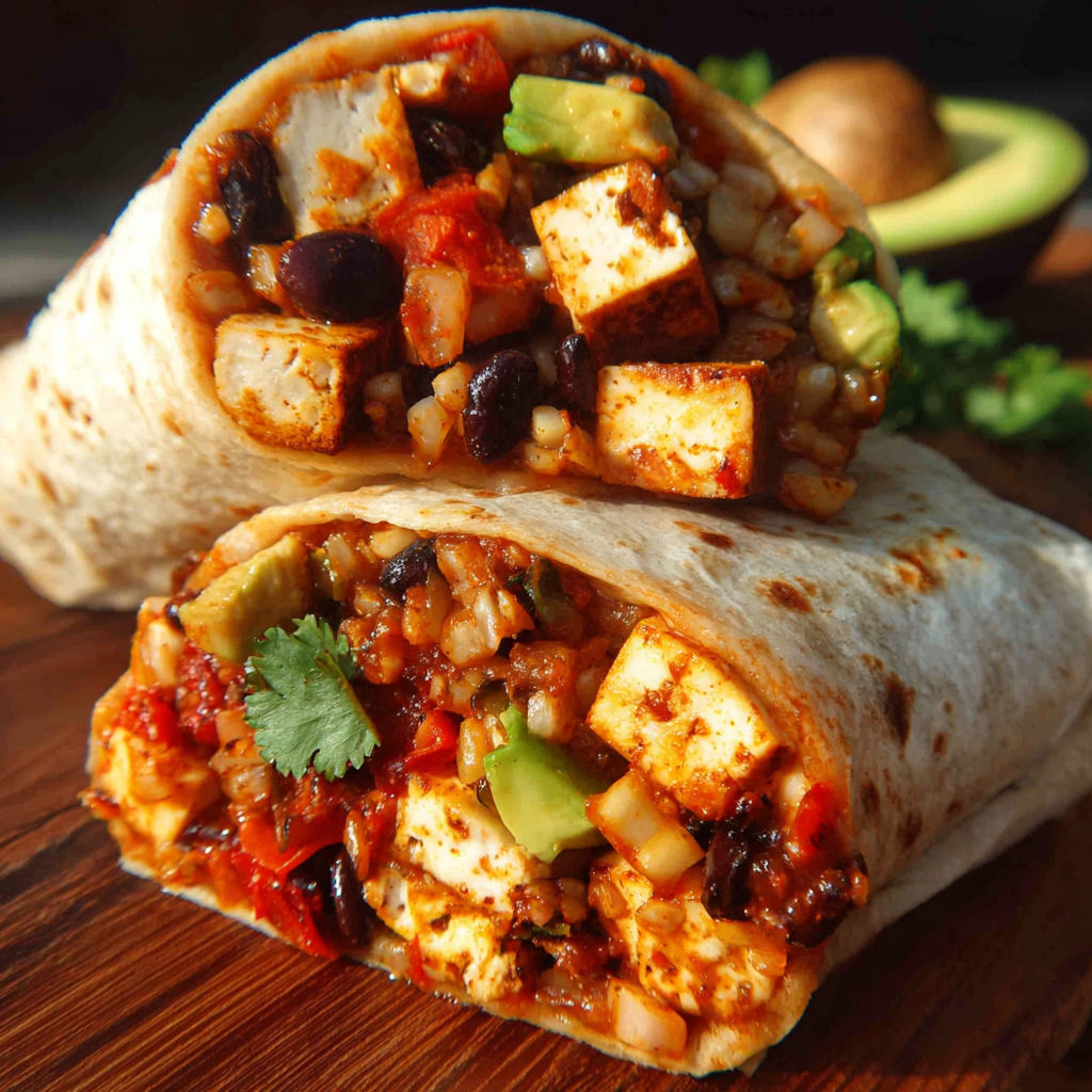 A burrito filled with meat and vegetables.