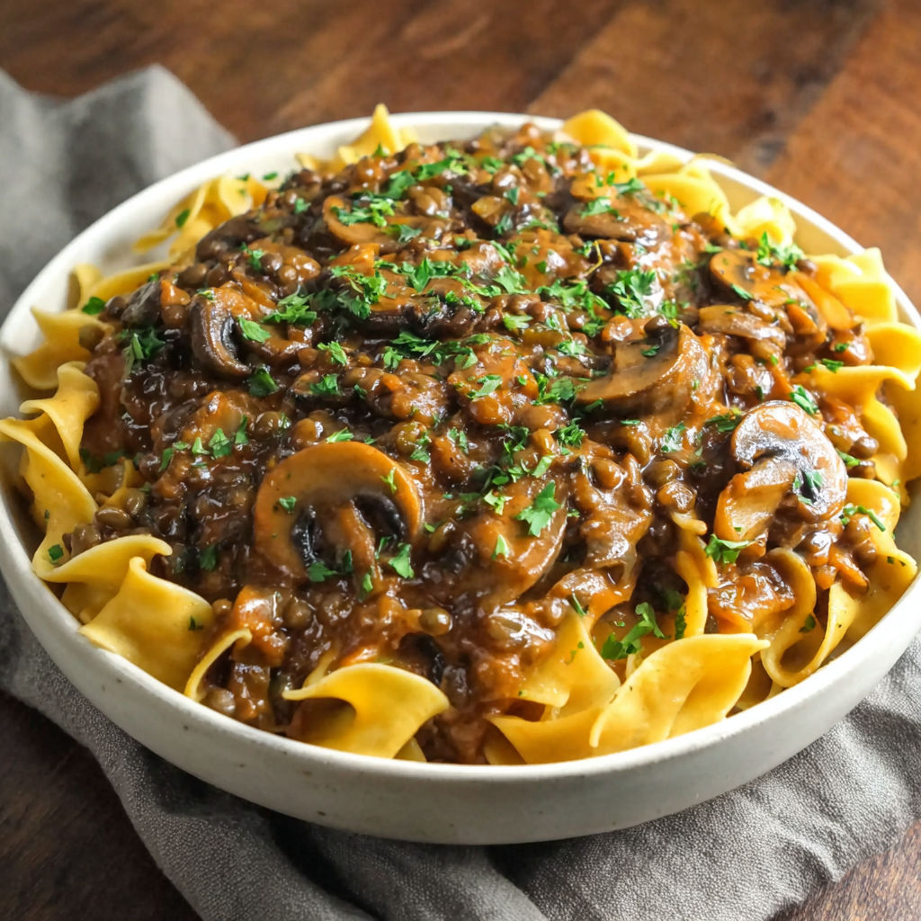 A bowl of pasta with mushrooms and herbs.