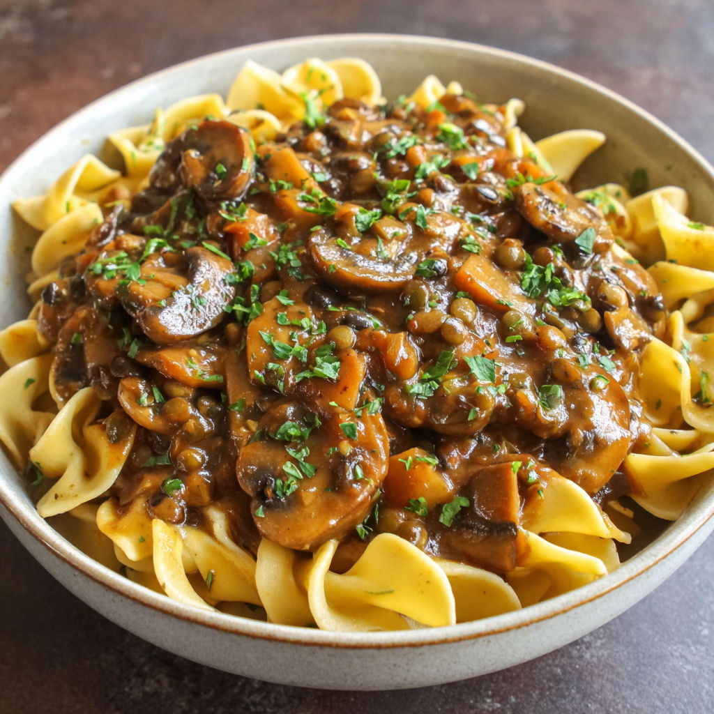 A bowl of pasta with mushrooms and herbs.