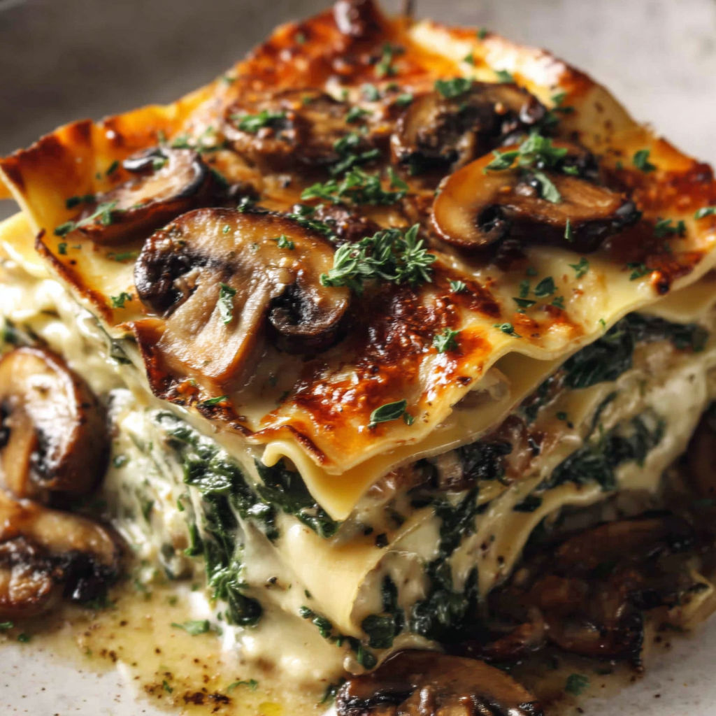 A recipe for lasagna with mushrooms and spinach.
