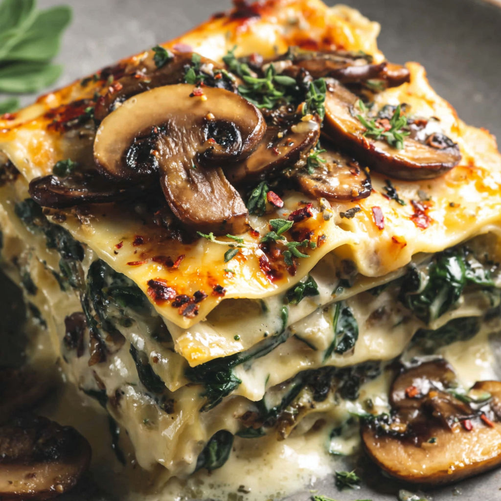 A stack of lasagna with mushrooms on top.
