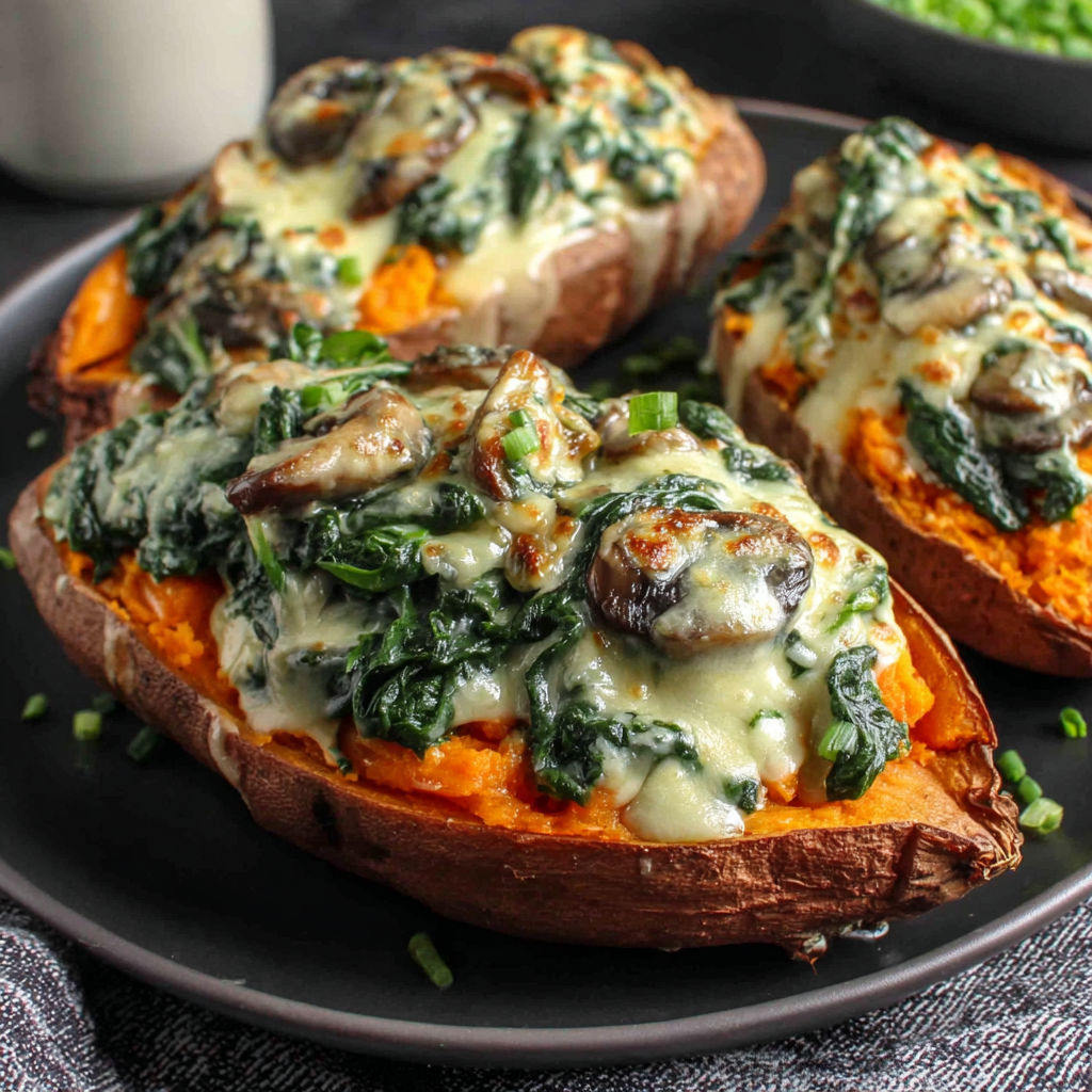 A plate of food with mushrooms and spinach.
