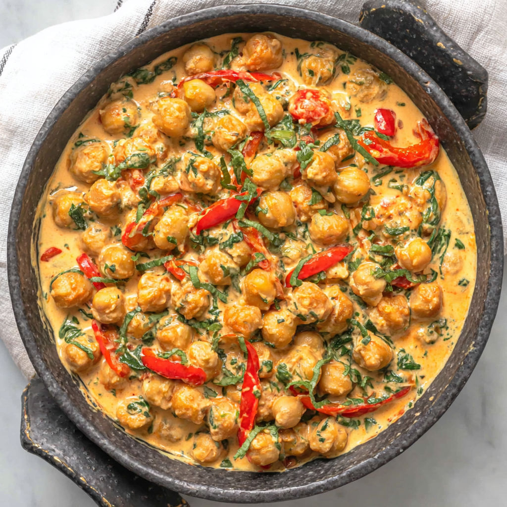 A bowl of chickpeas with a spicy sauce.