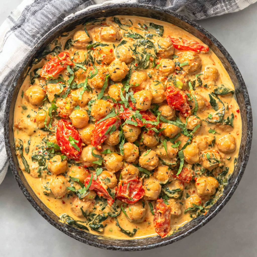 A bowl of food with chickpeas, tomatoes, and spinach.