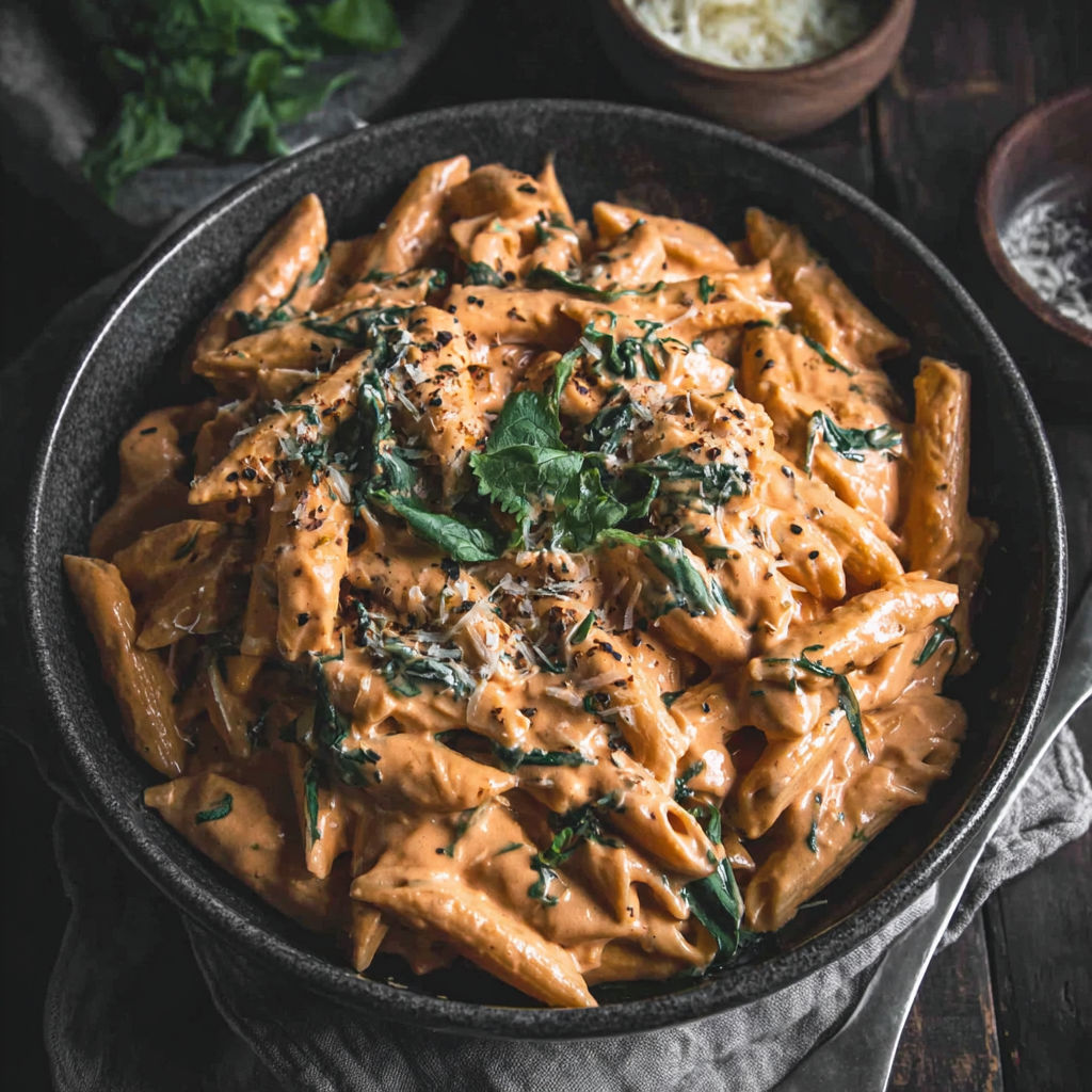 A bowl of pasta with a red sauce.