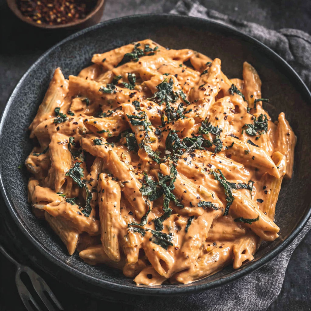A bowl of pasta with a spoon in it.