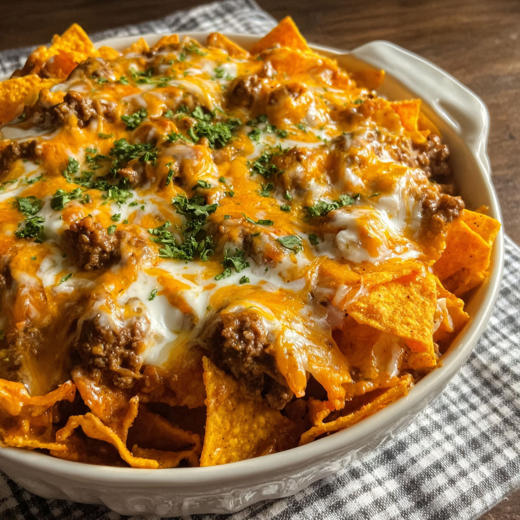 A bowl of nachos with cheese and meat.