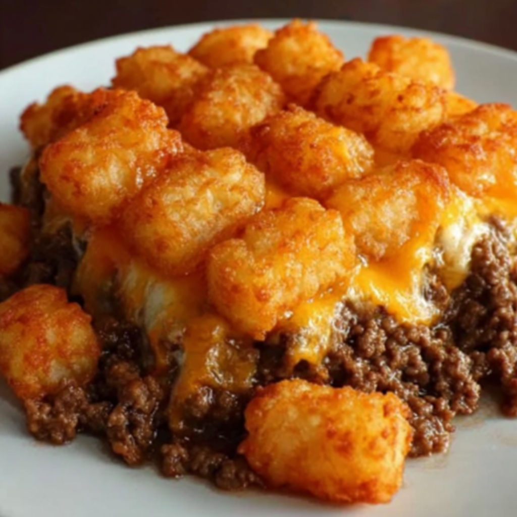 A plate of food with a cheese and tater tot casserole.