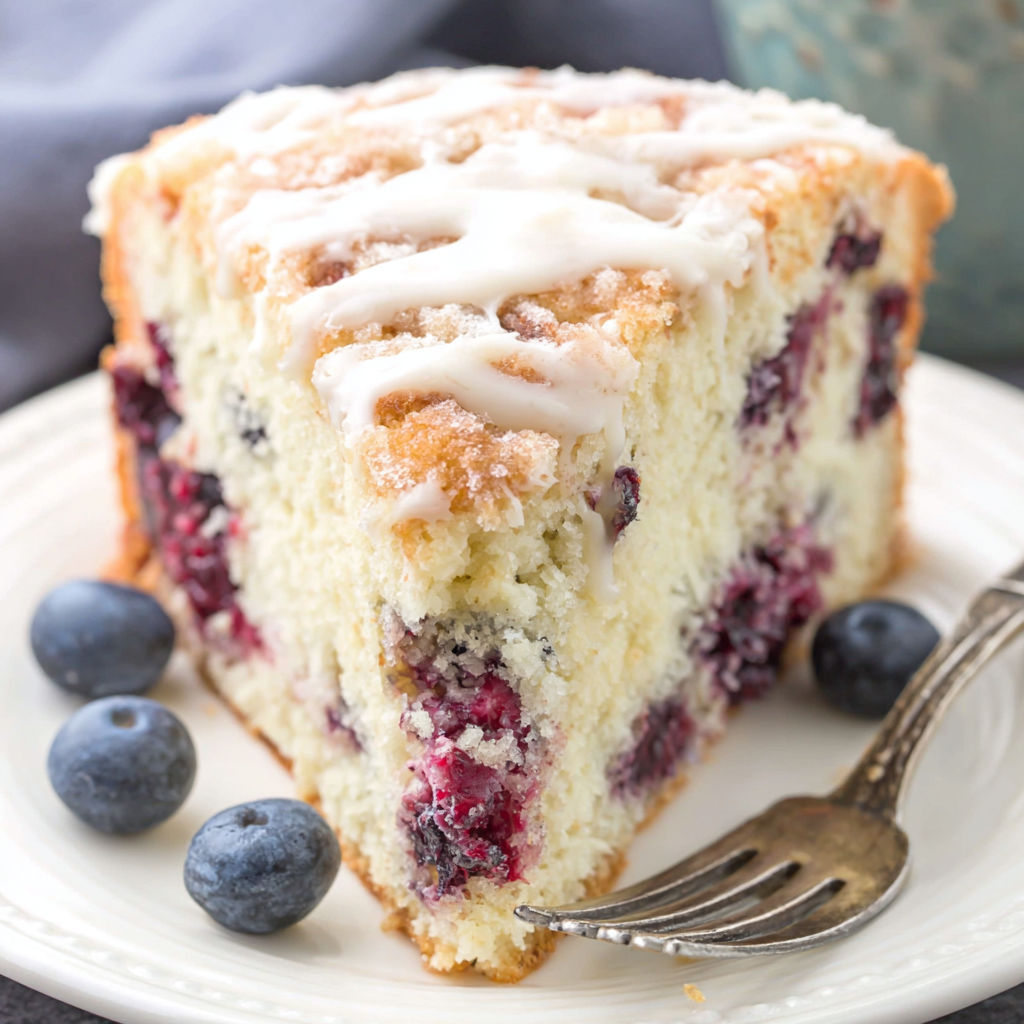 A slice of cake with blueberries on top.