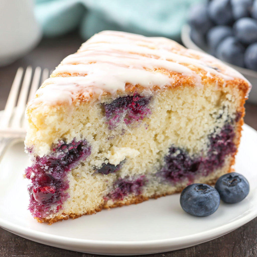 A slice of cake with blueberries on top.