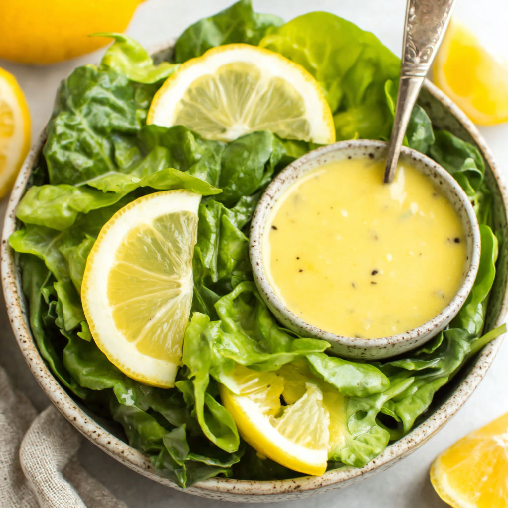 A bowl of salad with lemon and dressing.