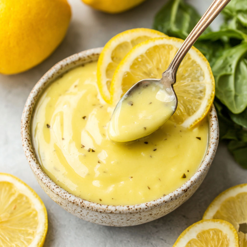 A spoon is in a bowl of lemon sauce.