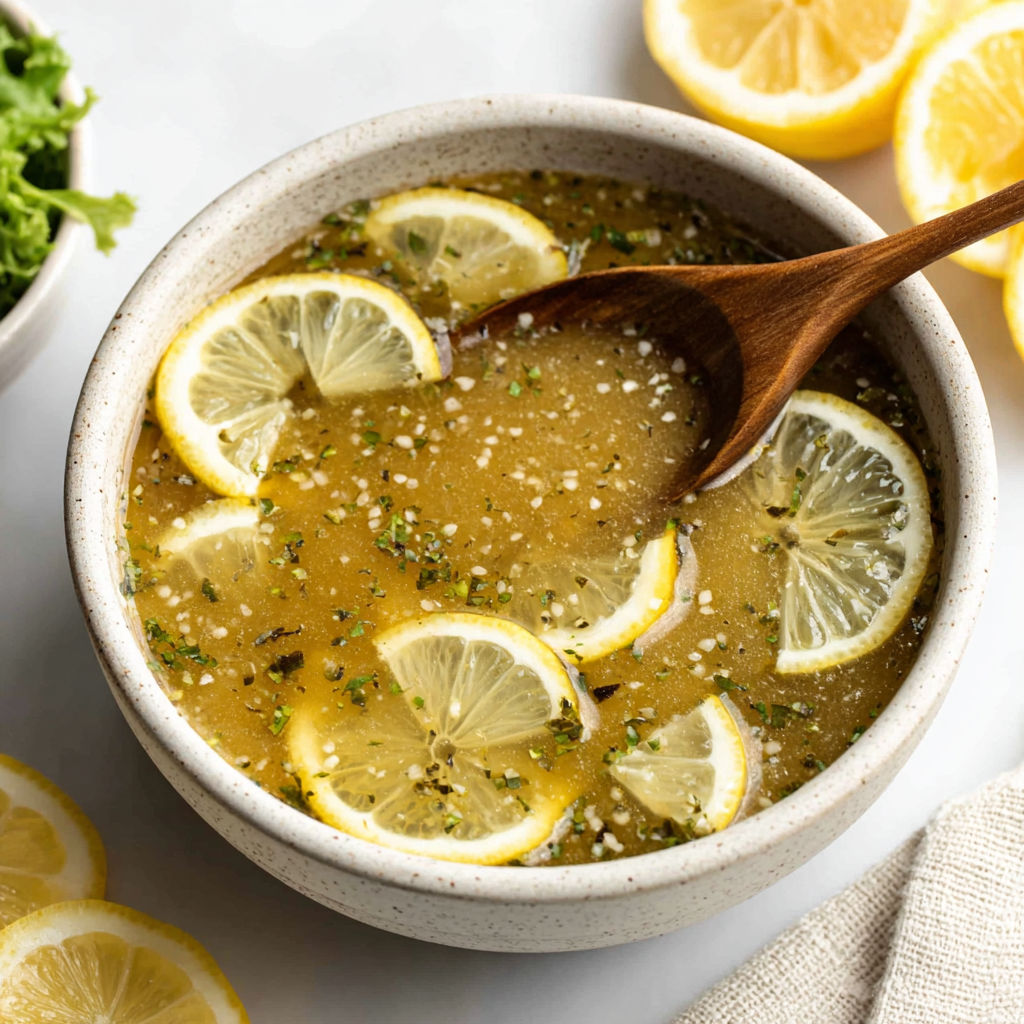 A bowl of soup with lemon slices in it.