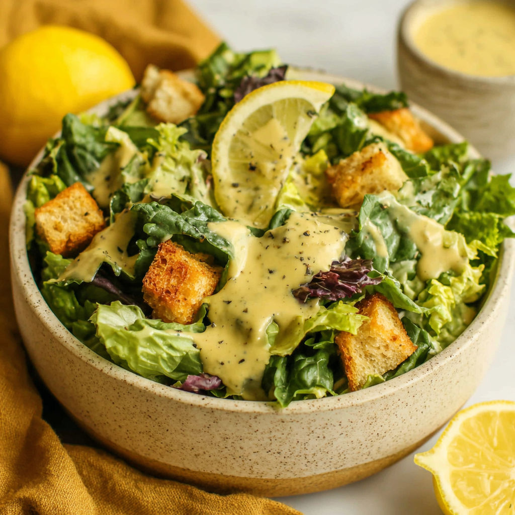 A salad with lemon and garlic dressing.