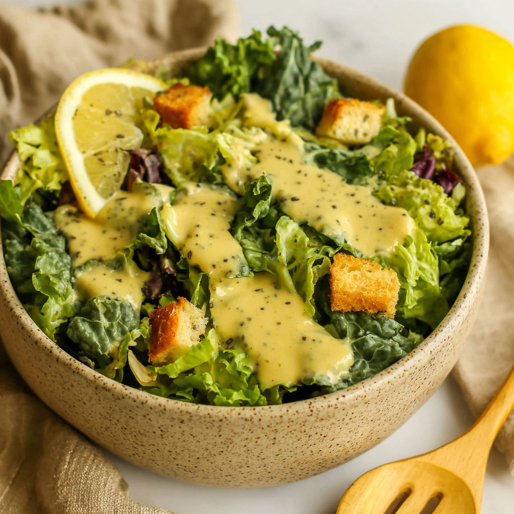 A bowl of salad with lemon wedges and croutons.