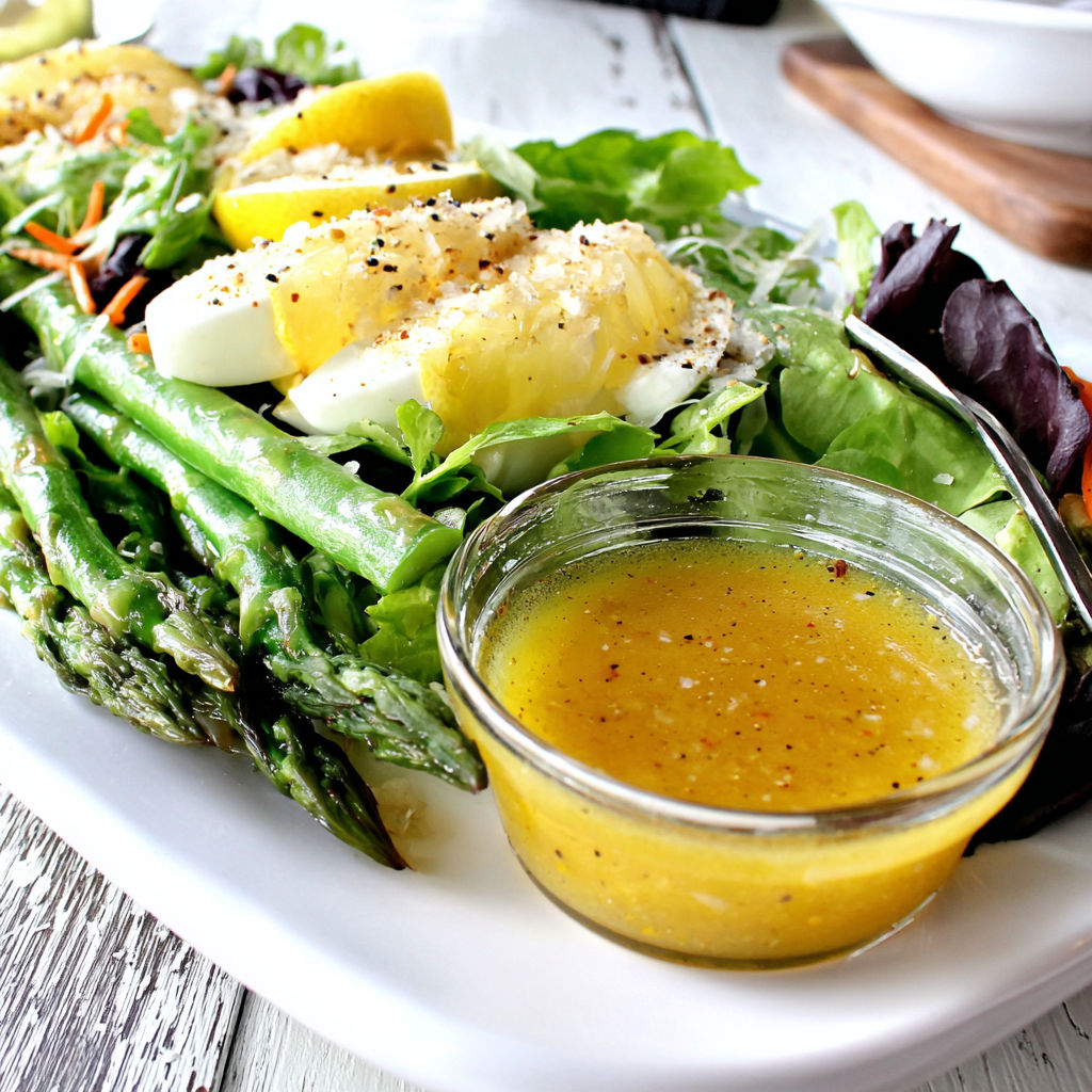A plate of food with a salad and a dressing.