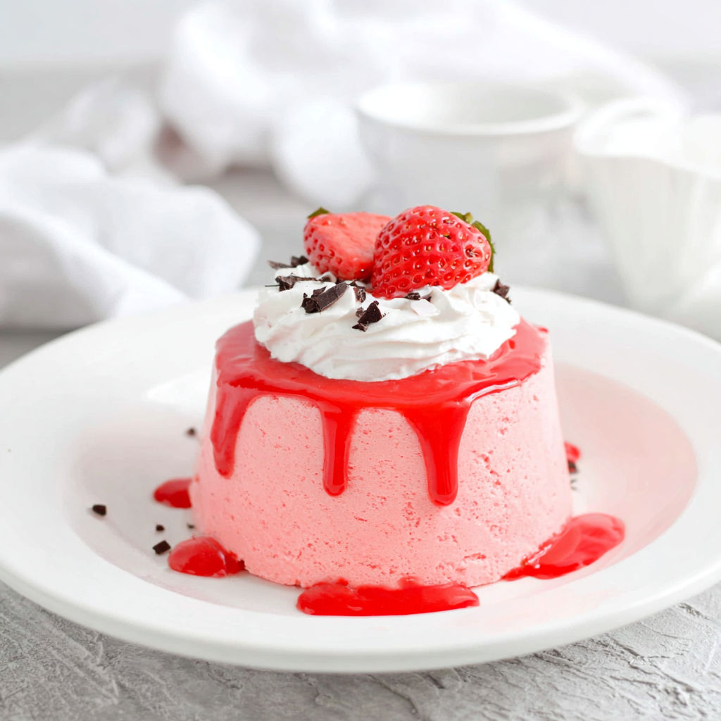 A slice of pink cake with strawberries and whipped cream.