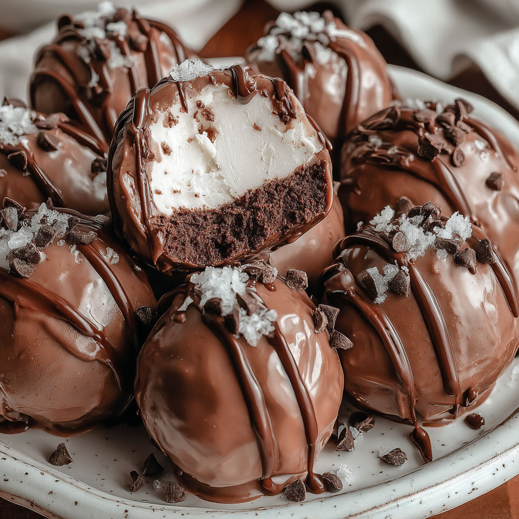 A plate of chocolate covered balls with white cream.
