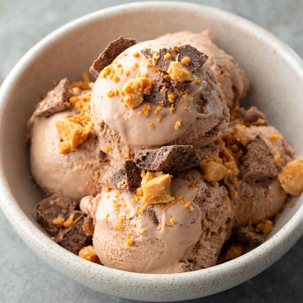 A bowl of ice cream with chocolate chips and peanut butter.