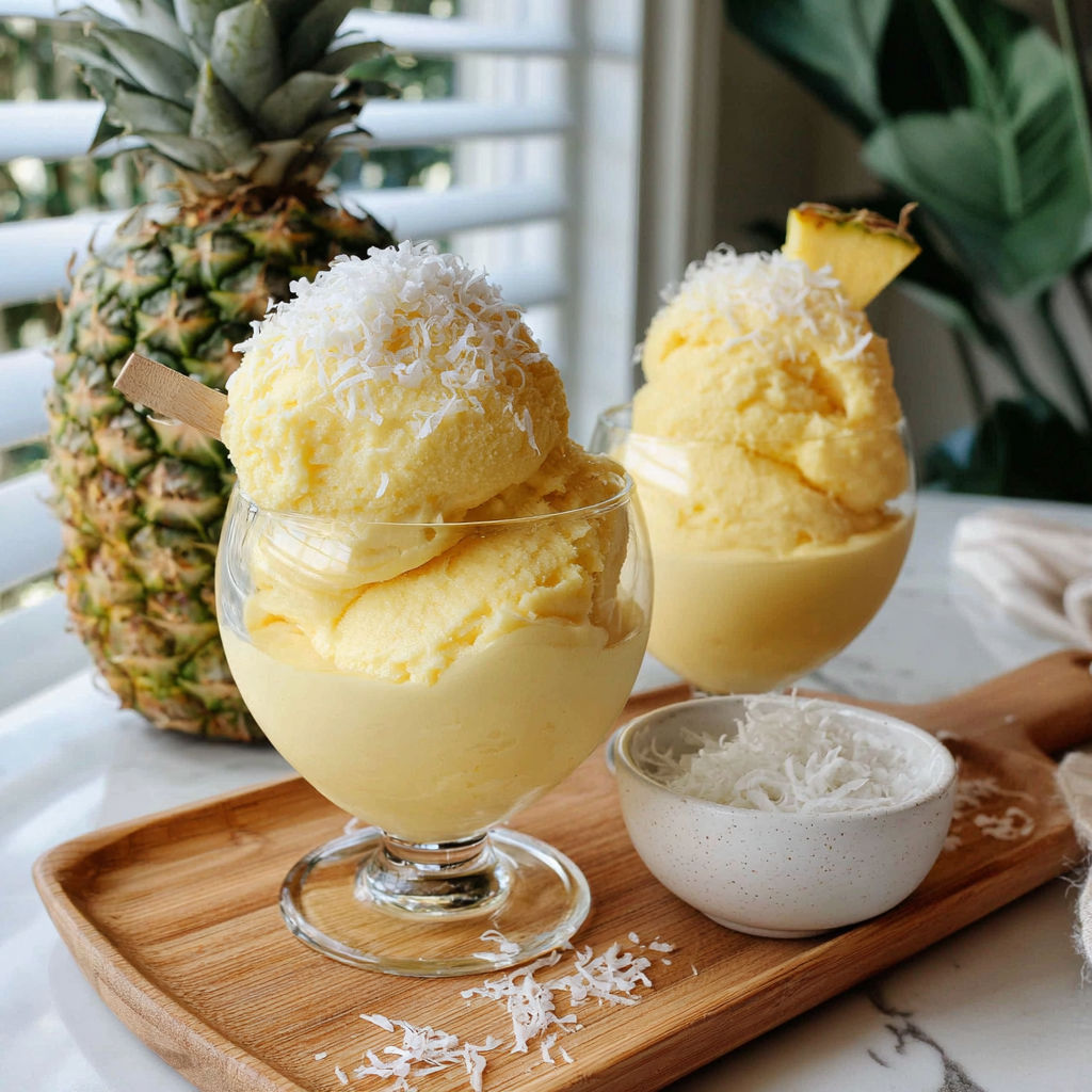 Two bowls of coconut milk ice cream with pineapple toppings.